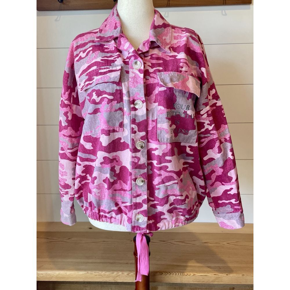 Yolly Italy Pink Camo Button Up shirt jacket Drawstring Spring Easter Women's 2X